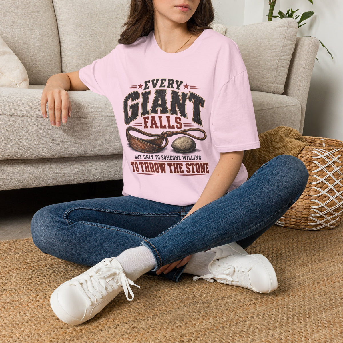 Every Giant Falls 1 Samuel 17 light pink Christian T-shirt lifestyle mockup