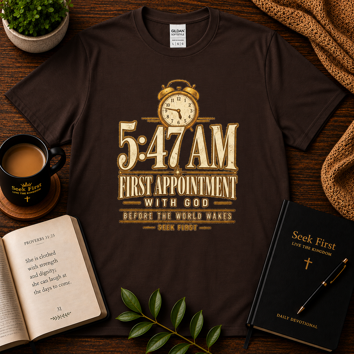 Dark Chocolate 5:47 AM First Appointment With God Christian T-shirt on a dark devotional flat lay