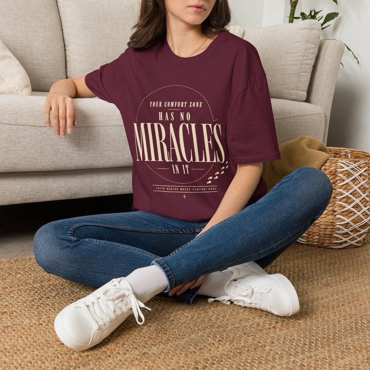Comfort Zone Has No Miracles maroon Christian T-shirt lifestyle mockup