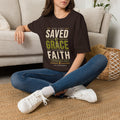 Dark Chocolate Saved by Grace Through Faith Ephesians 2:8 Christian T-shirt lifestyle mockup