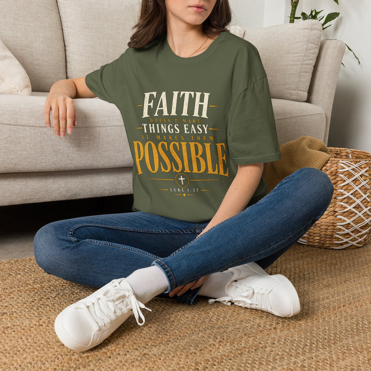 Military Green Faith Makes Things Possible Christian T-shirt lifestyle mockup