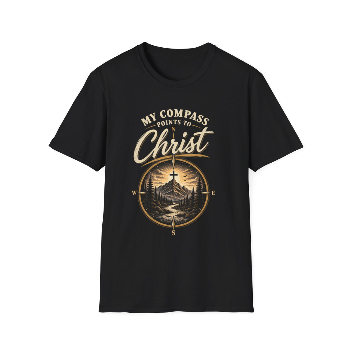 Black My Compass Points to Christ Christian T-shirt front view