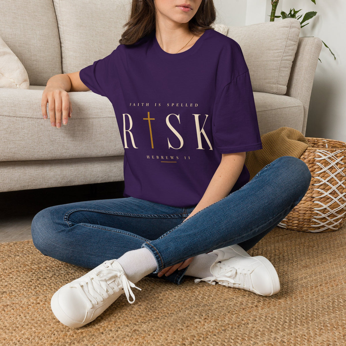 Purple Faith Is Spelled RISK Christian T-shirt lifestyle mockup