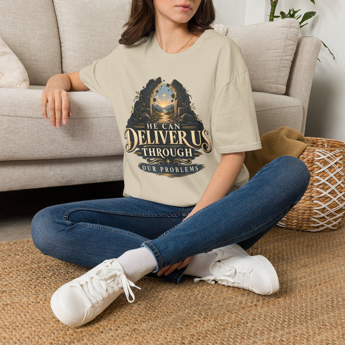He Can Deliver Us Christian T-Shirt, lifestyle view 3