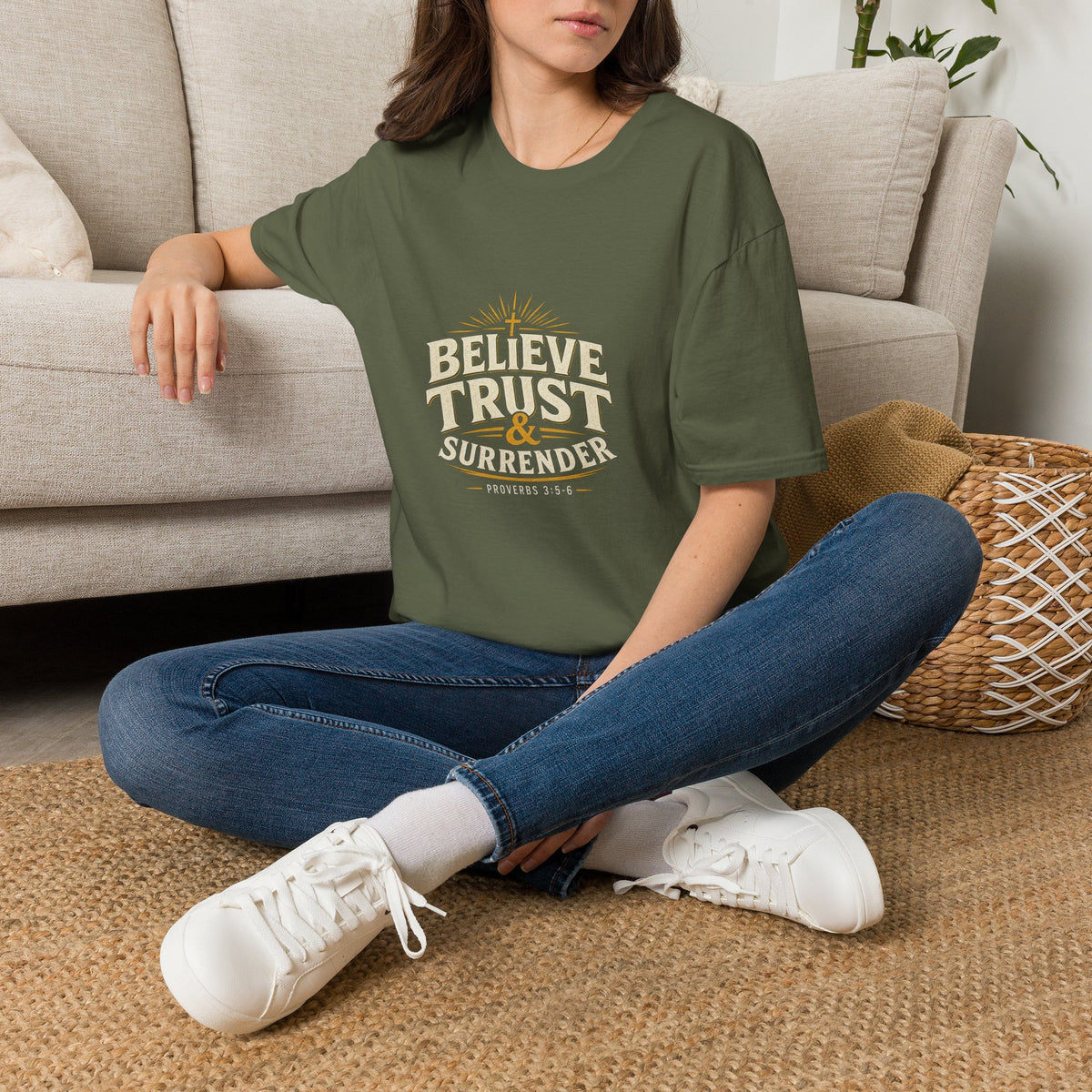 Believe Trust & Surrender T-Shirt — Proverbs 3:5–6 Christian Faith Tee Printify customer-view image 9