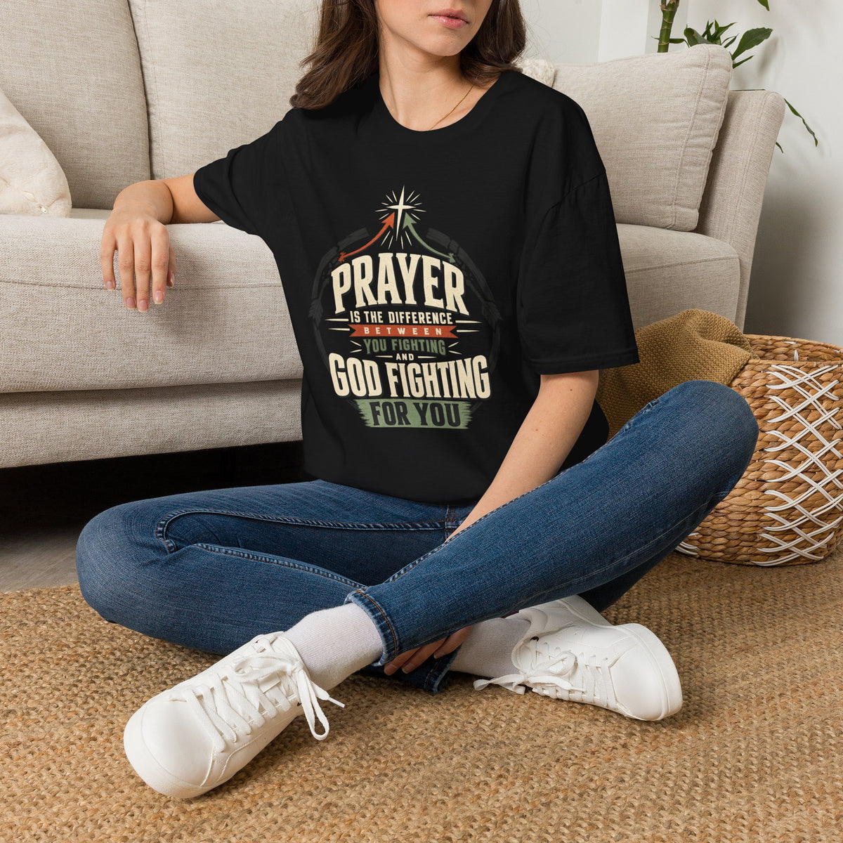 Prayer Is the Difference Christian T-Shirt, lifestyle view 1