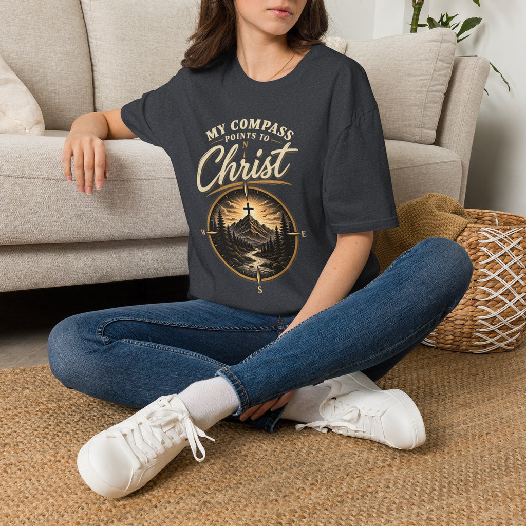 Woman wearing Dark Heather Grey My Compass Points to Christ Christian T-shirt