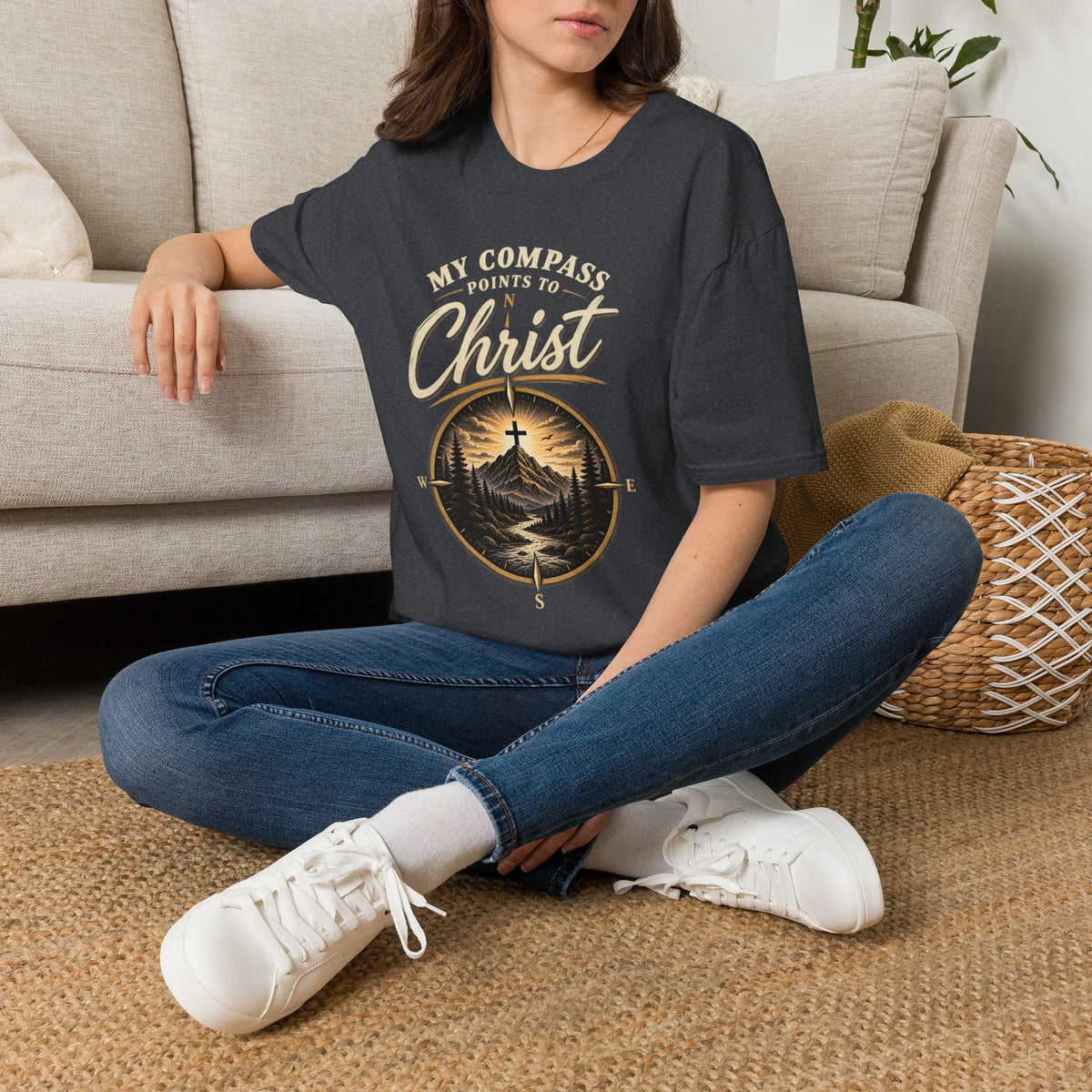 Woman wearing Dark Heather Grey My Compass Points to Christ Christian T-shirt