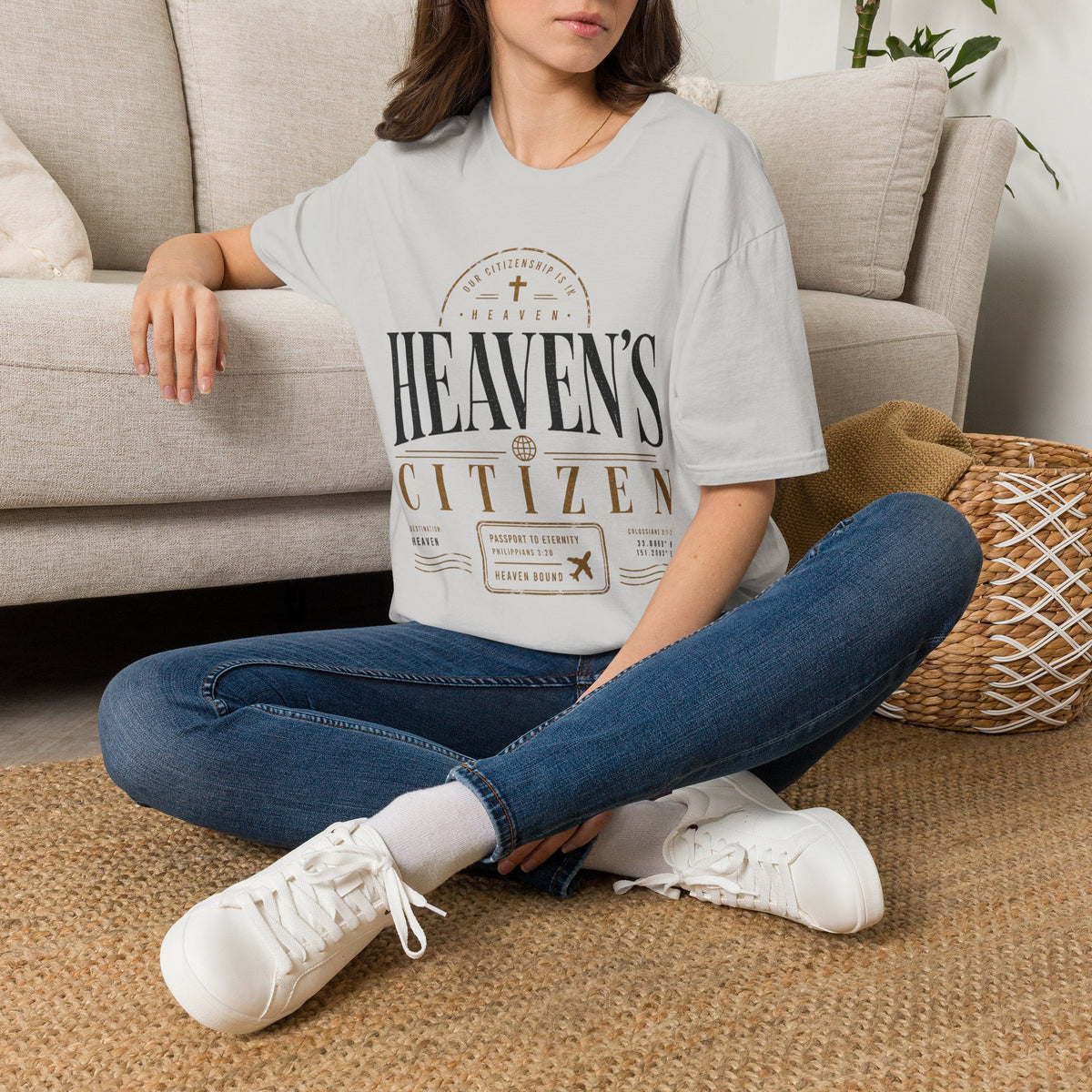 Heaven’s Citizen Philippians 3:20 sand Christian T-shirt lifestyle mockup