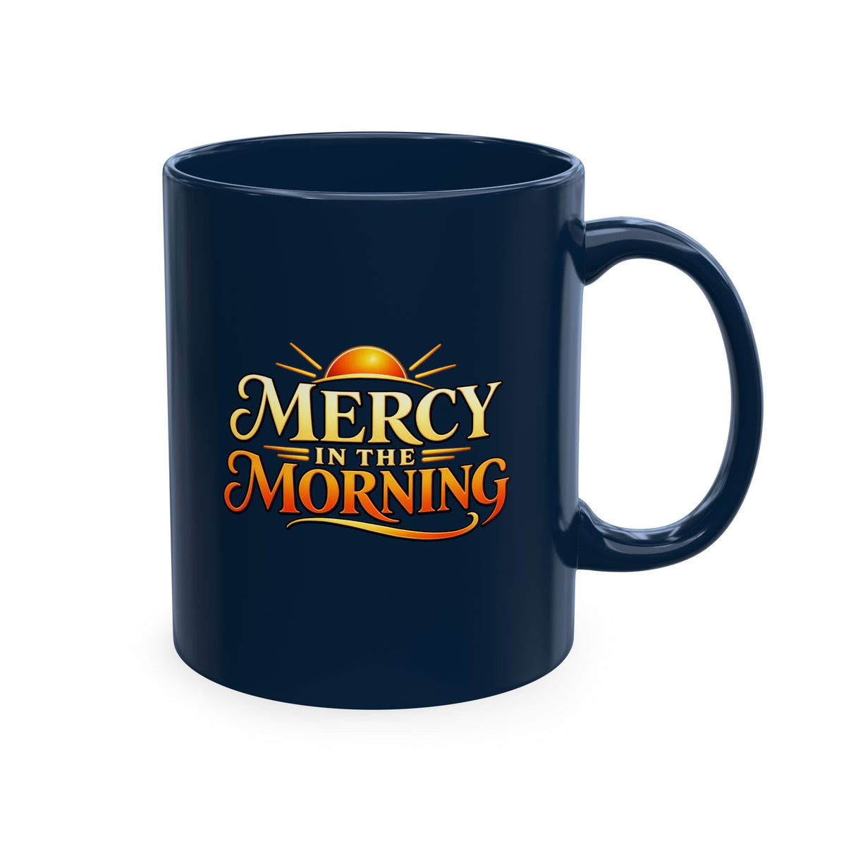Navy Blue Mercy in the Morning Christian coffee mug