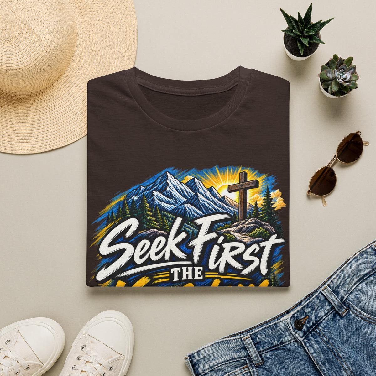 Seek First the Kingdom T-Shirt — Christian Faith Mountain Cross Tee Printify customer-view image 2