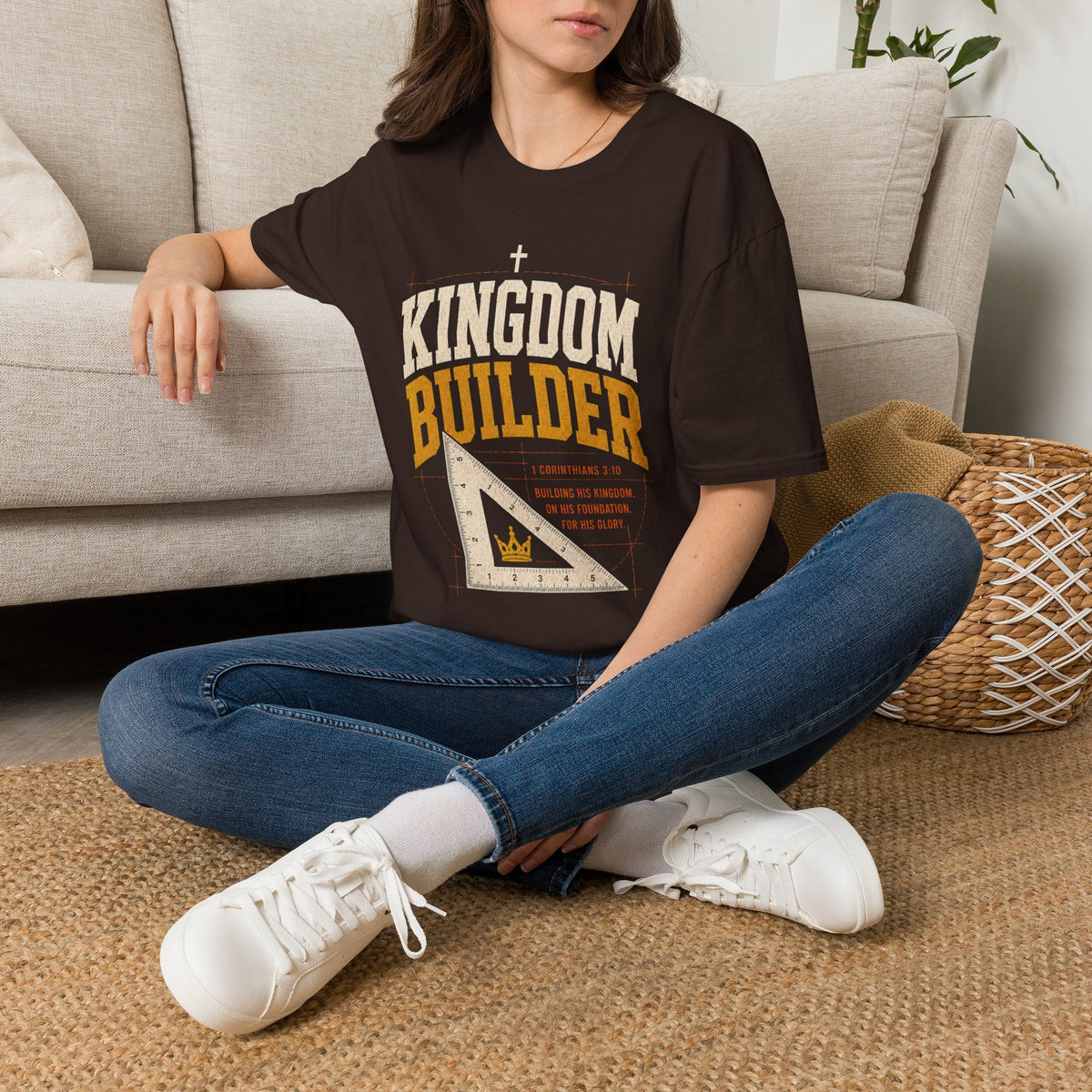 Kingdom Builder 1 Corinthians 3:10 dark chocolate Christian T-shirt lifestyle mockup