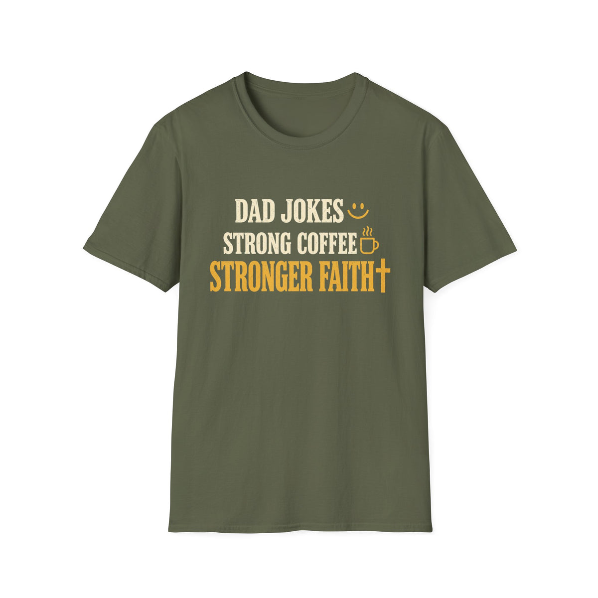 Dad Jokes, Strong Coffee, Stronger Faith Gildan 64000 Christian T-Shirt – Printify product view 4