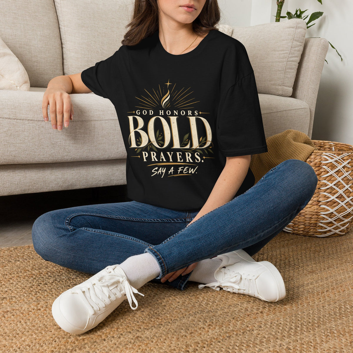 God Honors Bold Prayers T-Shirt, lifestyle view 1