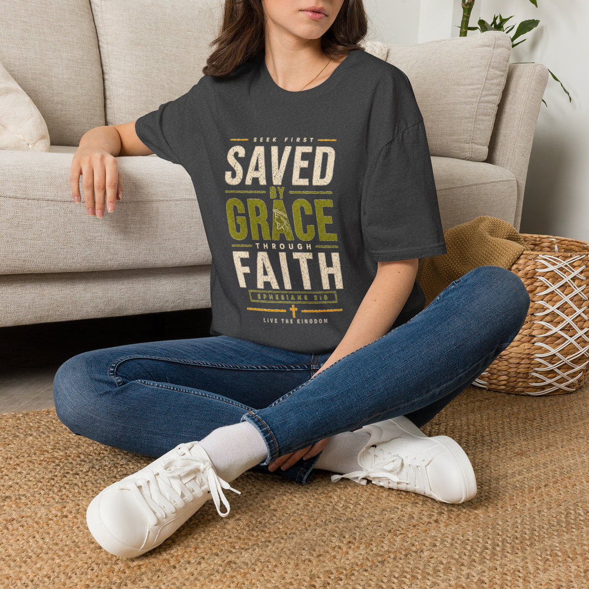 Dark Heather Saved by Grace Through Faith Ephesians 2:8 Christian T-shirt lifestyle mockup