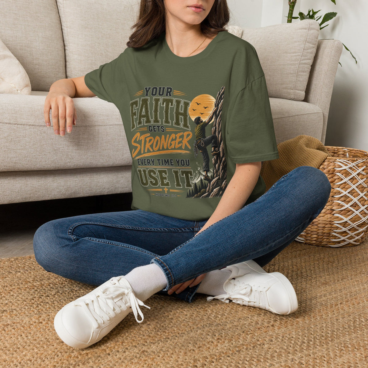 Your Faith Gets Stronger Hebrews 11:1 military green Christian T-shirt lifestyle mockup