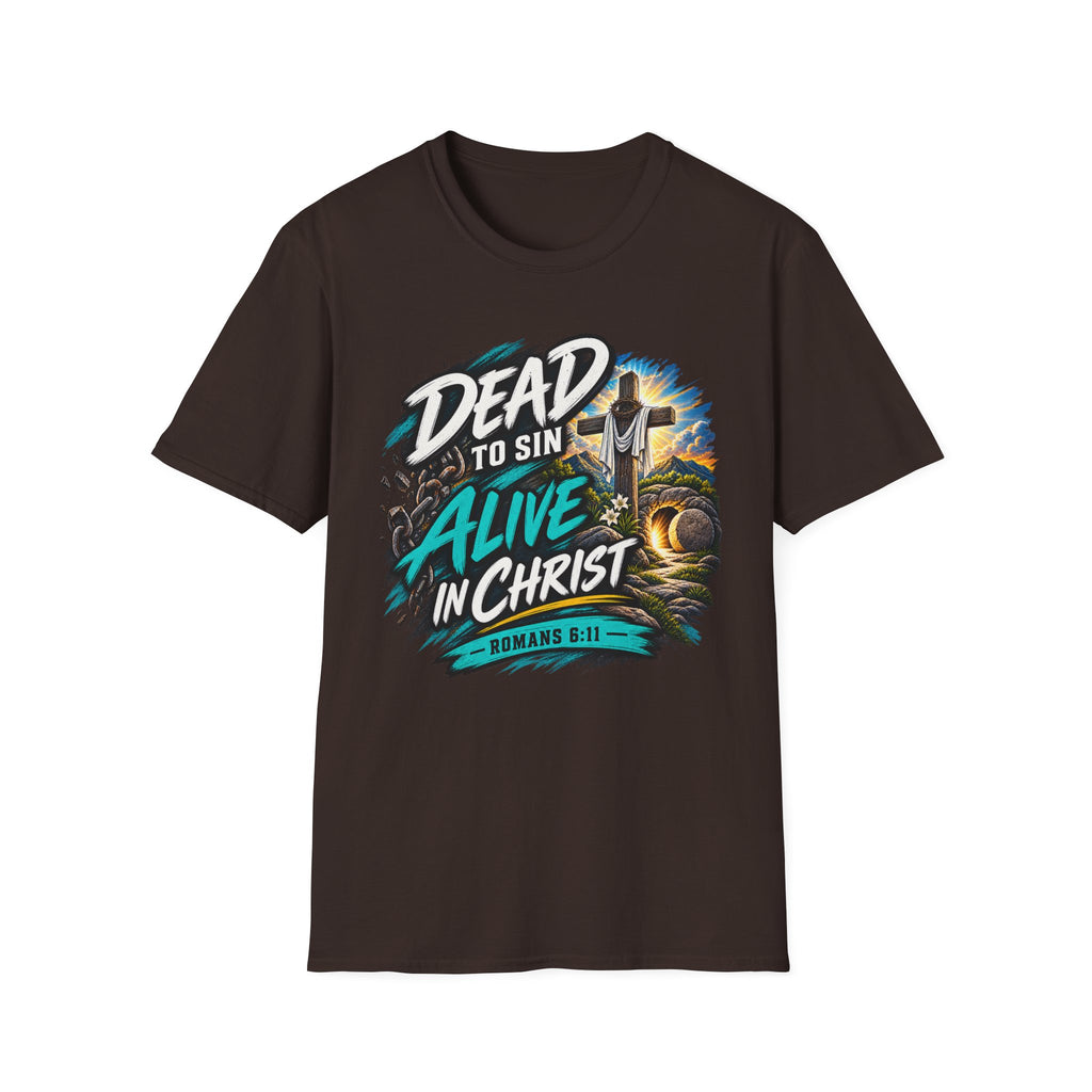 Dead to Sin, Alive in Christ T-Shirt — Romans 6:11 Christian Tee Printify customer-view image 7