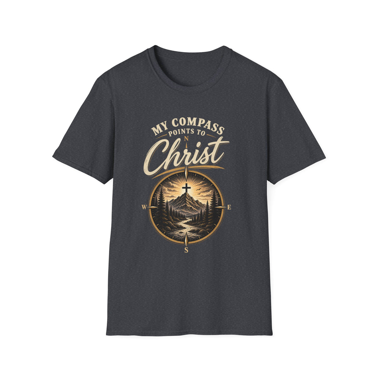 Dark Heather Grey My Compass Points to Christ Christian T-shirt front view