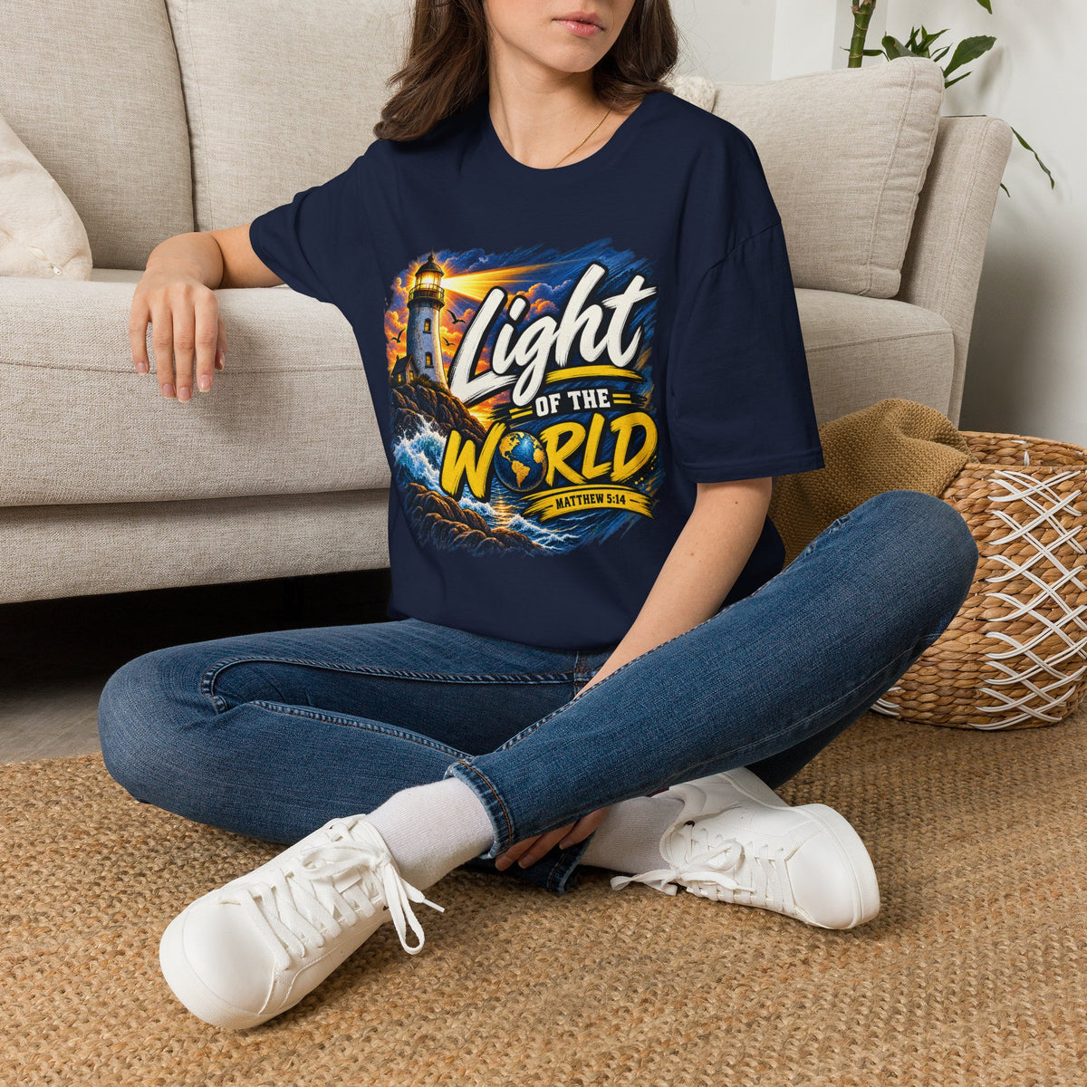 Light of the World T-Shirt — Lighthouse Graphic Christian Tee Printify customer-view image 8