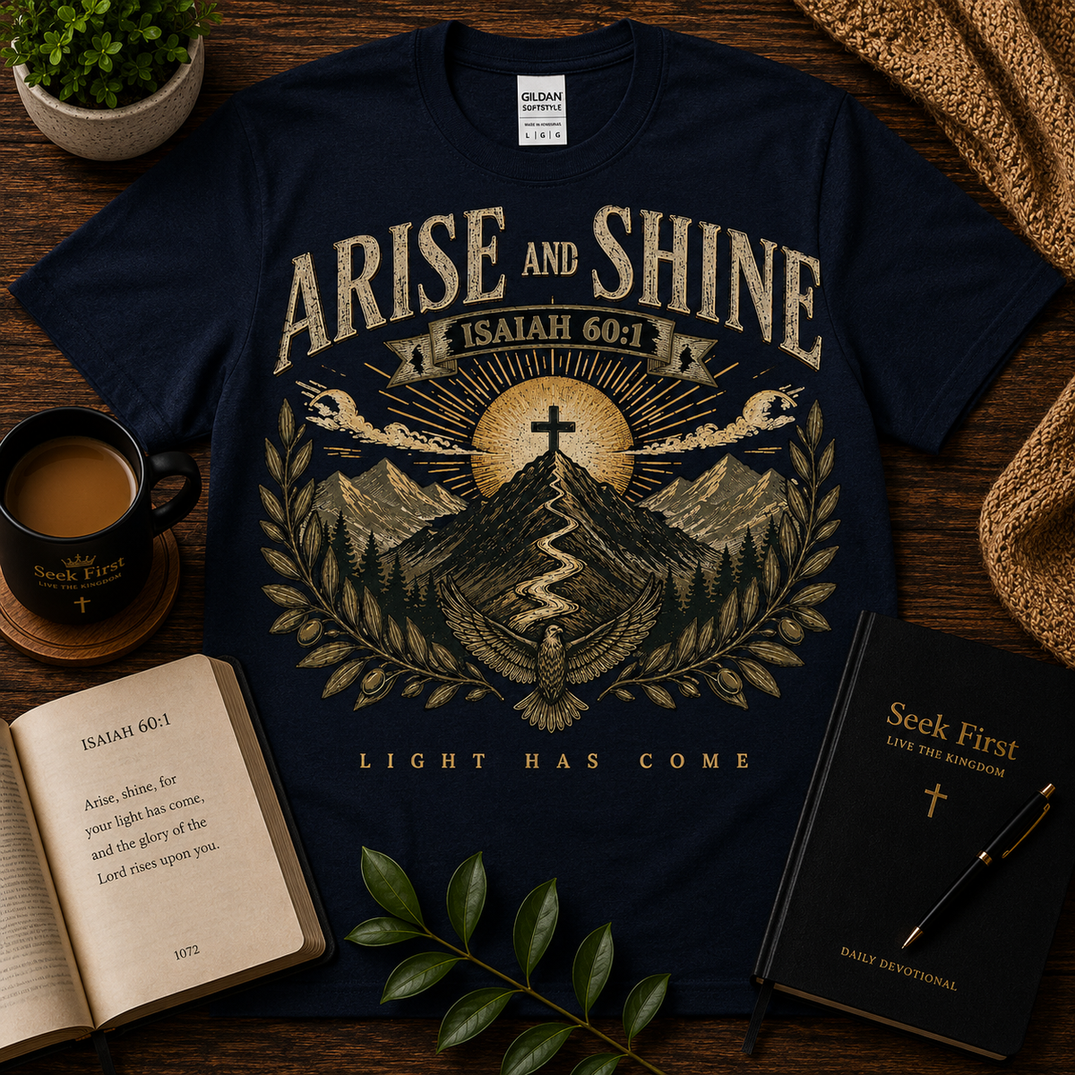 Seek First Arise and Shine Christian T-shirt lifestyle hero image