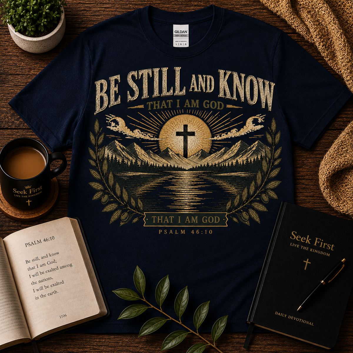 Seek First Be Still and Know Christian T-shirt lifestyle hero image