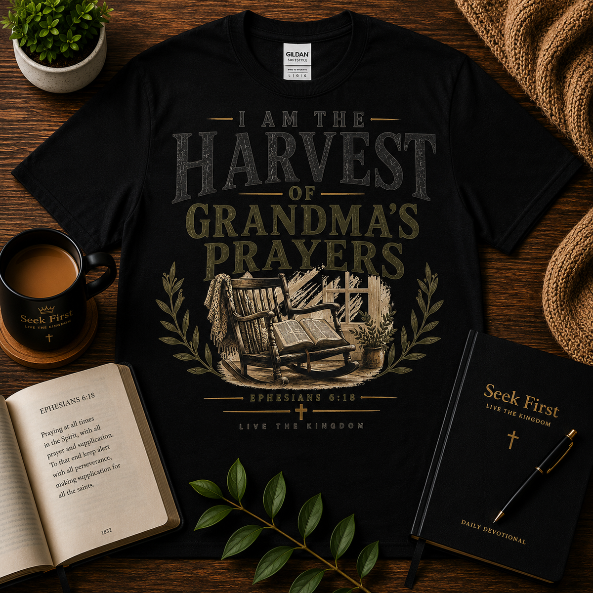 Seek First I Am the Harvest of Grandma’s Prayers Christian T-shirt lifestyle hero image