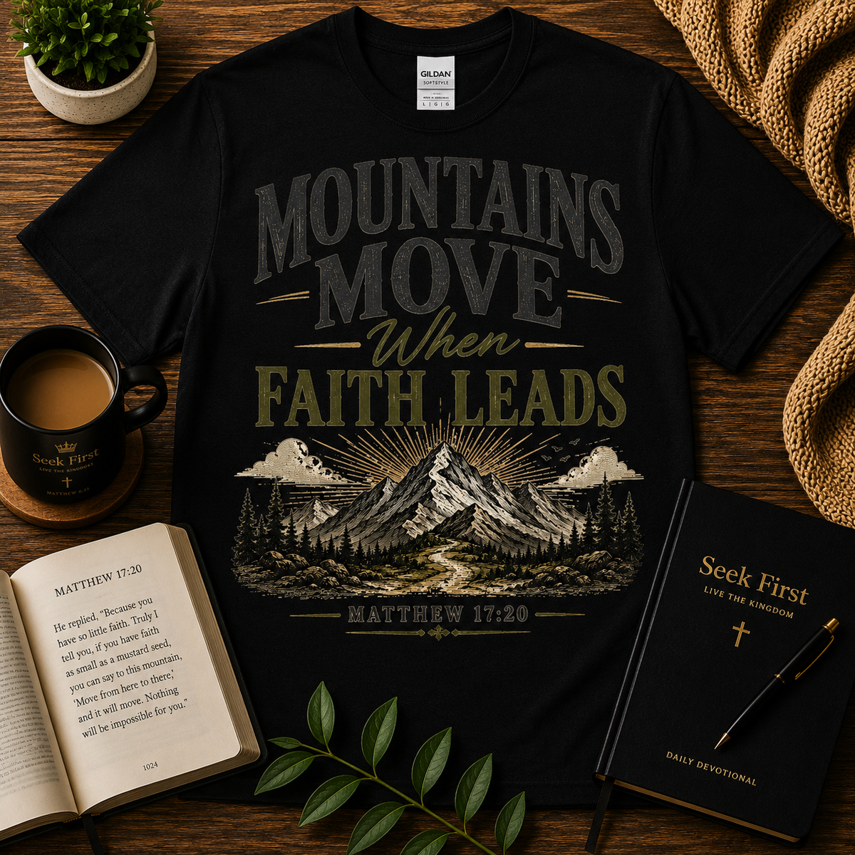 Seek First Mountains Move When Faith Leads Christian T-shirt lifestyle hero image