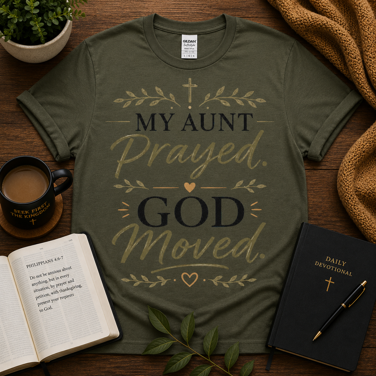 Seek First My Aunt Prayed. God Moved. Christian T-shirt lifestyle hero image