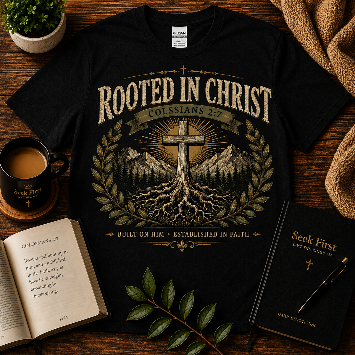 Seek First Rooted in Christ Christian T-shirt lifestyle hero image