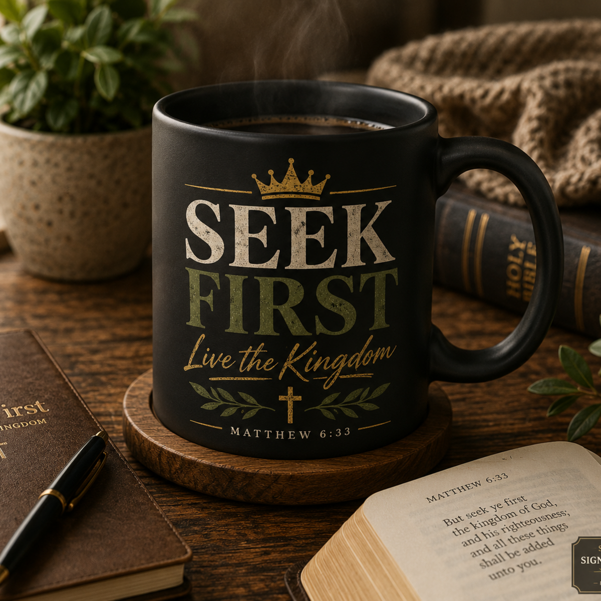Black Seek First Signature Mug with Matthew 6:33 design