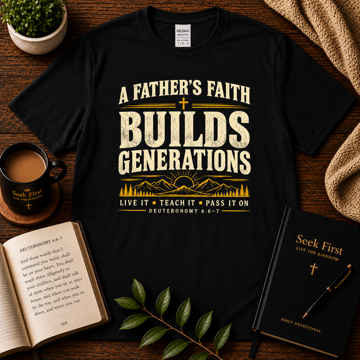 A Father’s Faith Builds Generations Christian T-Shirt in Black – Seek First