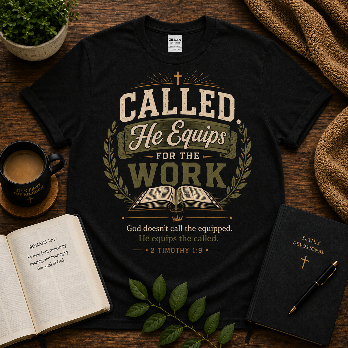 Called He Equips for the Work Christian T-Shirt on black Gildan 64000 — Seek First hero image