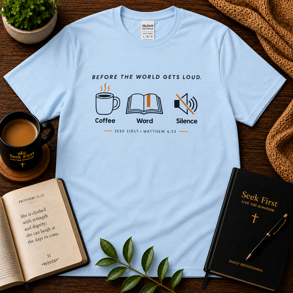 Light Blue Coffee Word Silence Christian T-shirt on a dark devotional flat lay