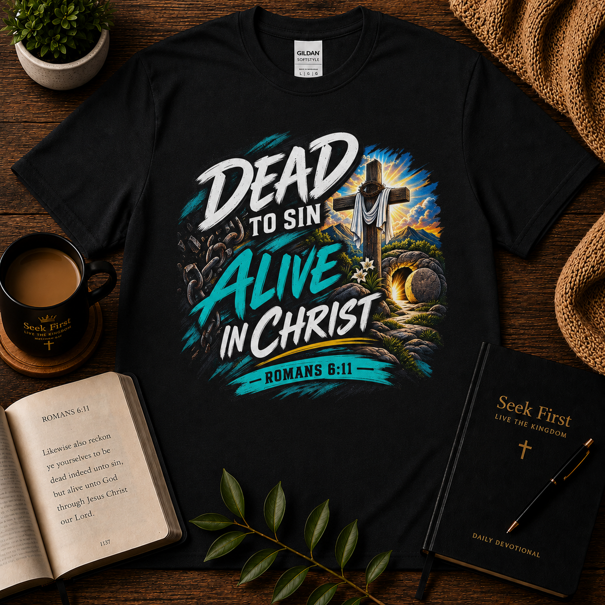 Dead to Sin Alive in Christ Romans 6:11 Christian T-shirt in Black