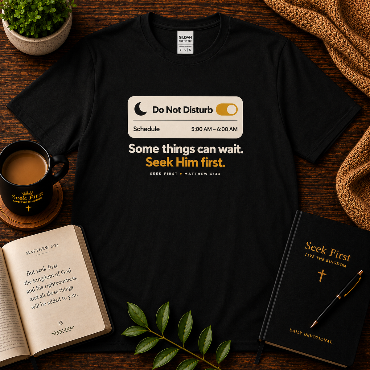 Black Do Not Disturb 5–6 AM Christian T-shirt on a dark devotional flat lay