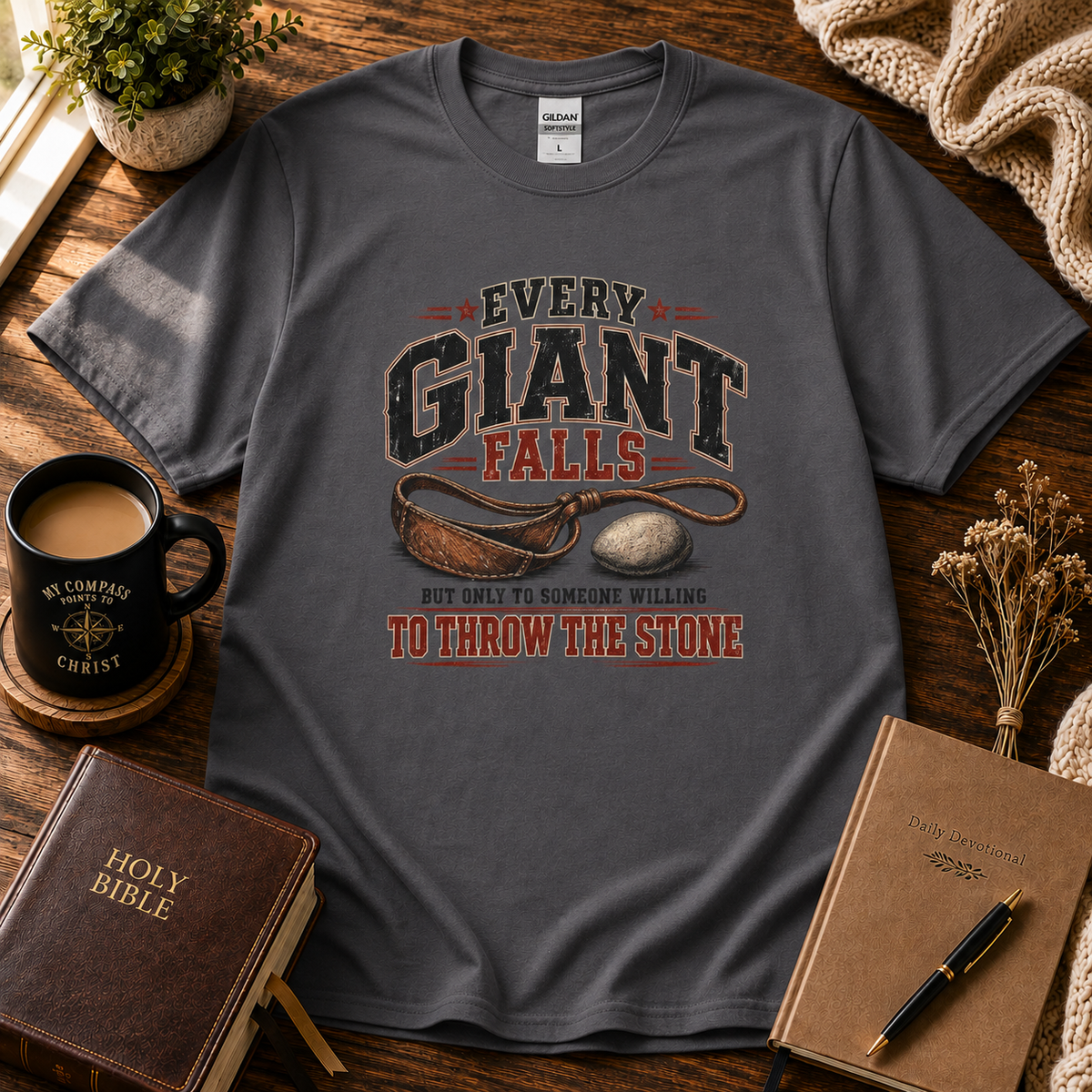 Every Giant Falls 1 Samuel 17 charcoal Christian T-shirt premium Seek First flat-lay