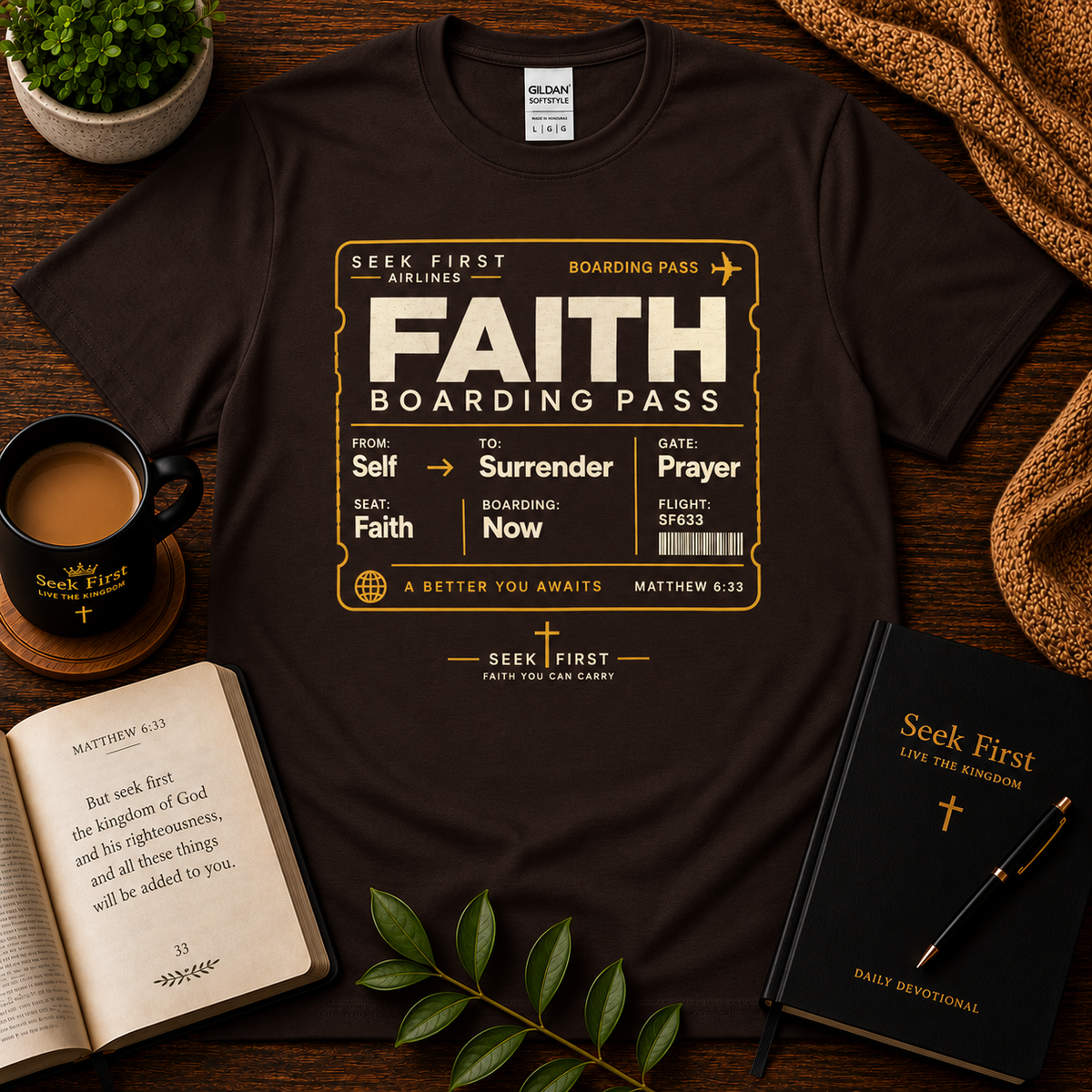 Dark Chocolate Faith Boarding Pass Christian T-shirt on a dark devotional flat lay