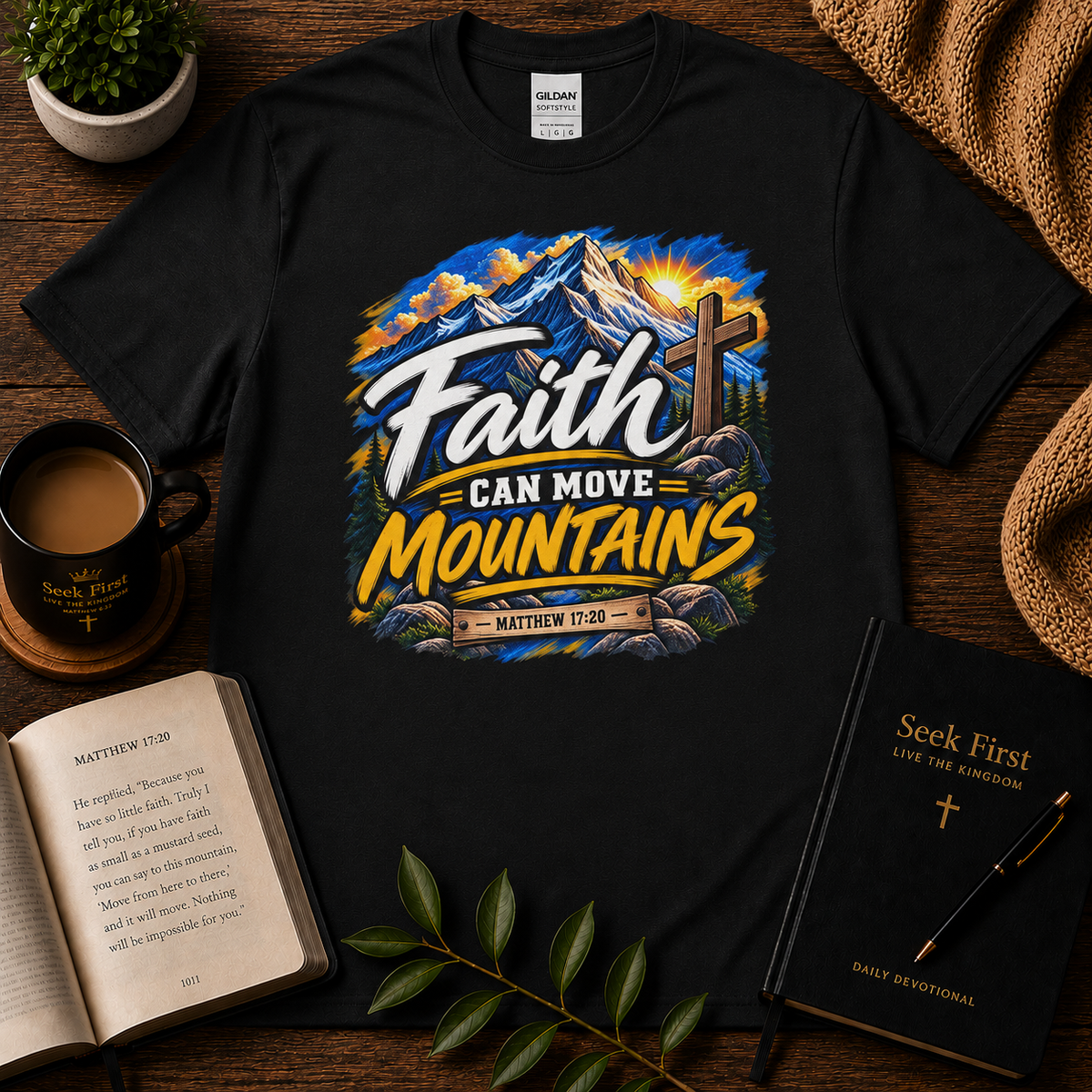 Faith Can Move Mountains Matthew 17:20 Christian T-shirt in Black