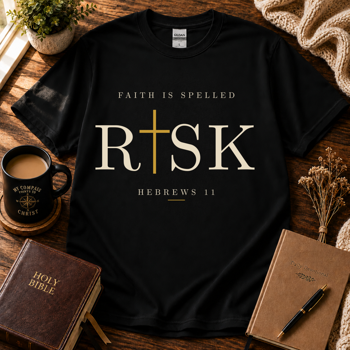 Black Faith Is Spelled RISK Christian T-shirt with Hebrews 11:1 design