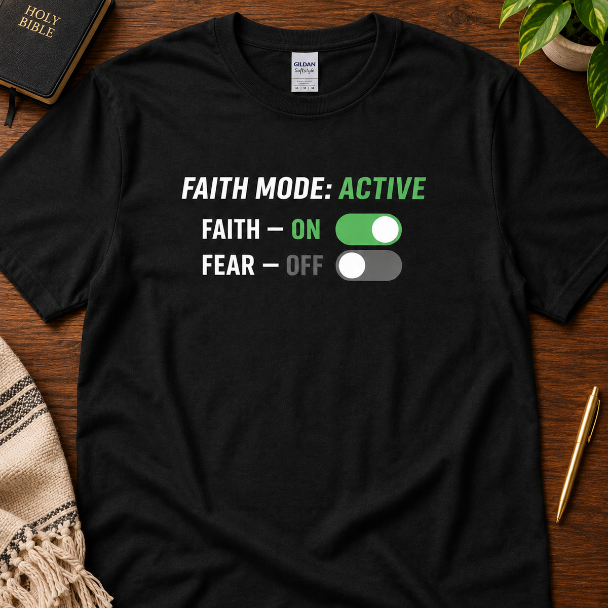 Faith Mode Active Christian T-Shirt in black with faith on and fear off design