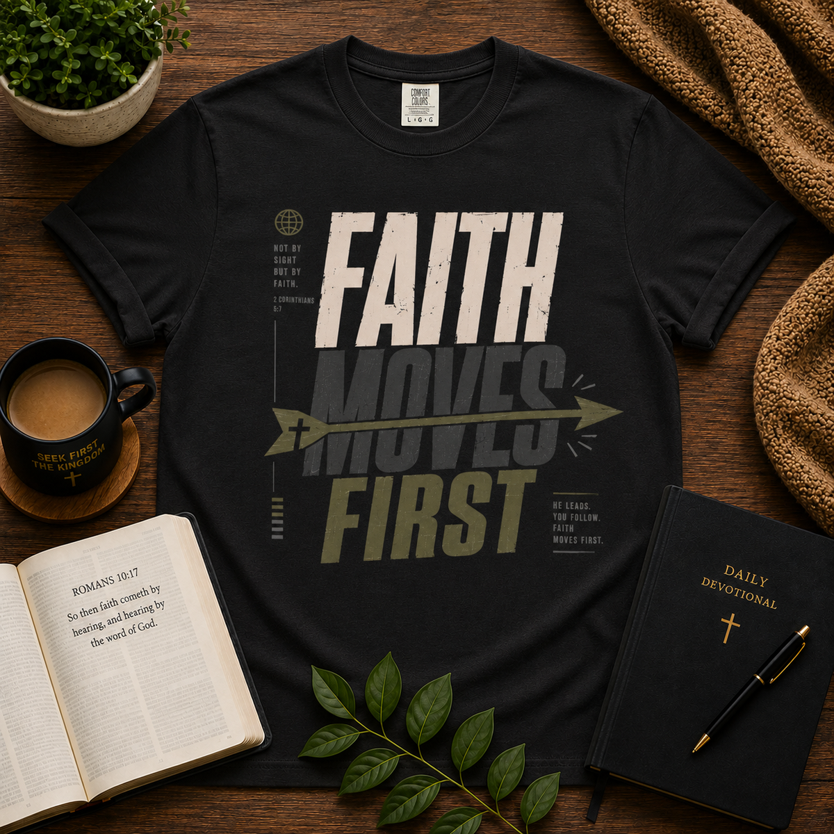 Faith Moves First Christian T-shirt lifestyle hero image