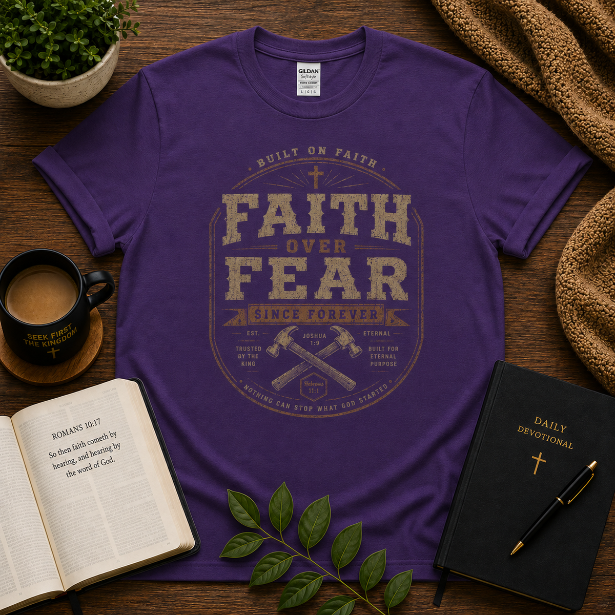 Faith Over Fear Christian T-shirt purple Seek First hero image