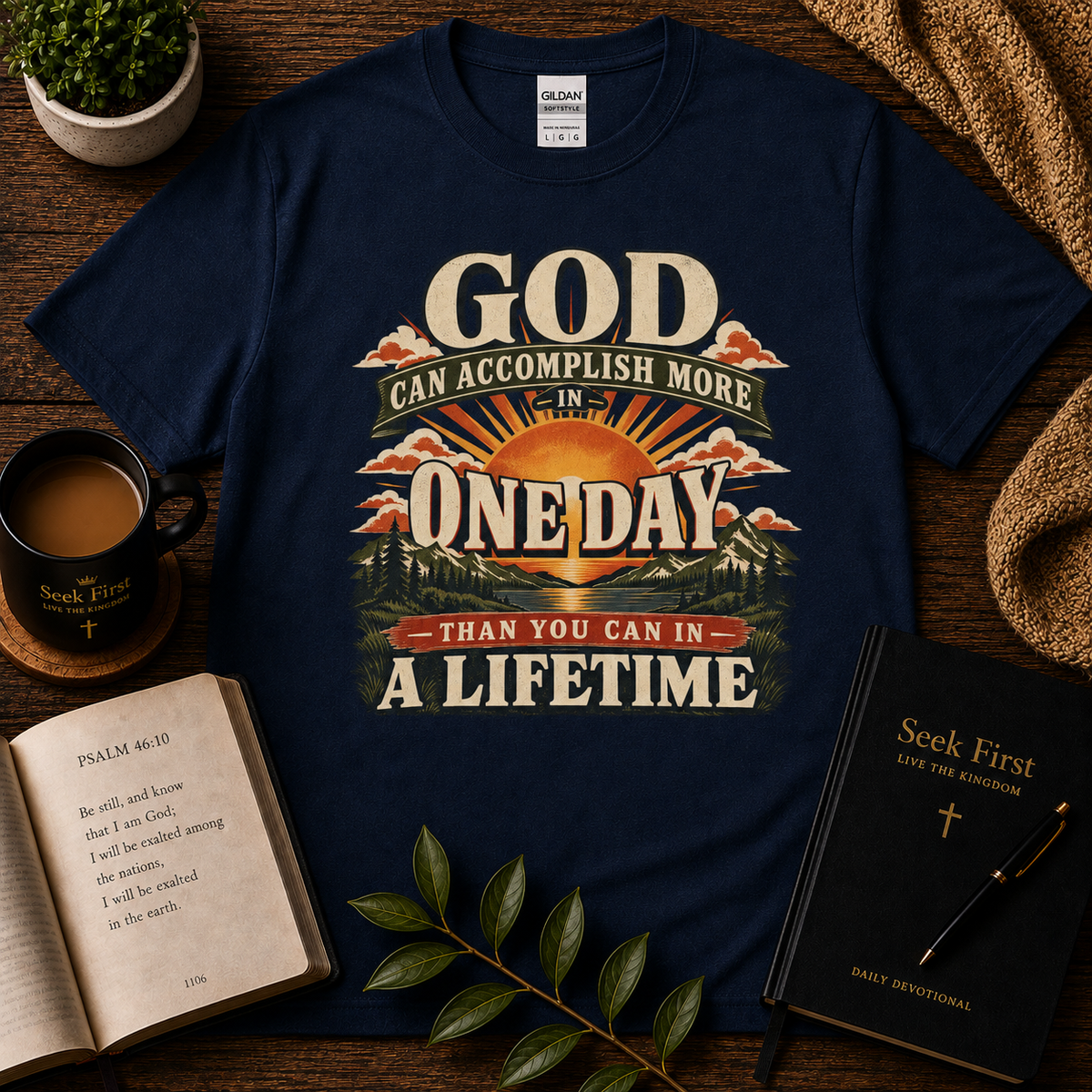 God Can Accomplish More Christian T-Shirt in Navy — Seek First