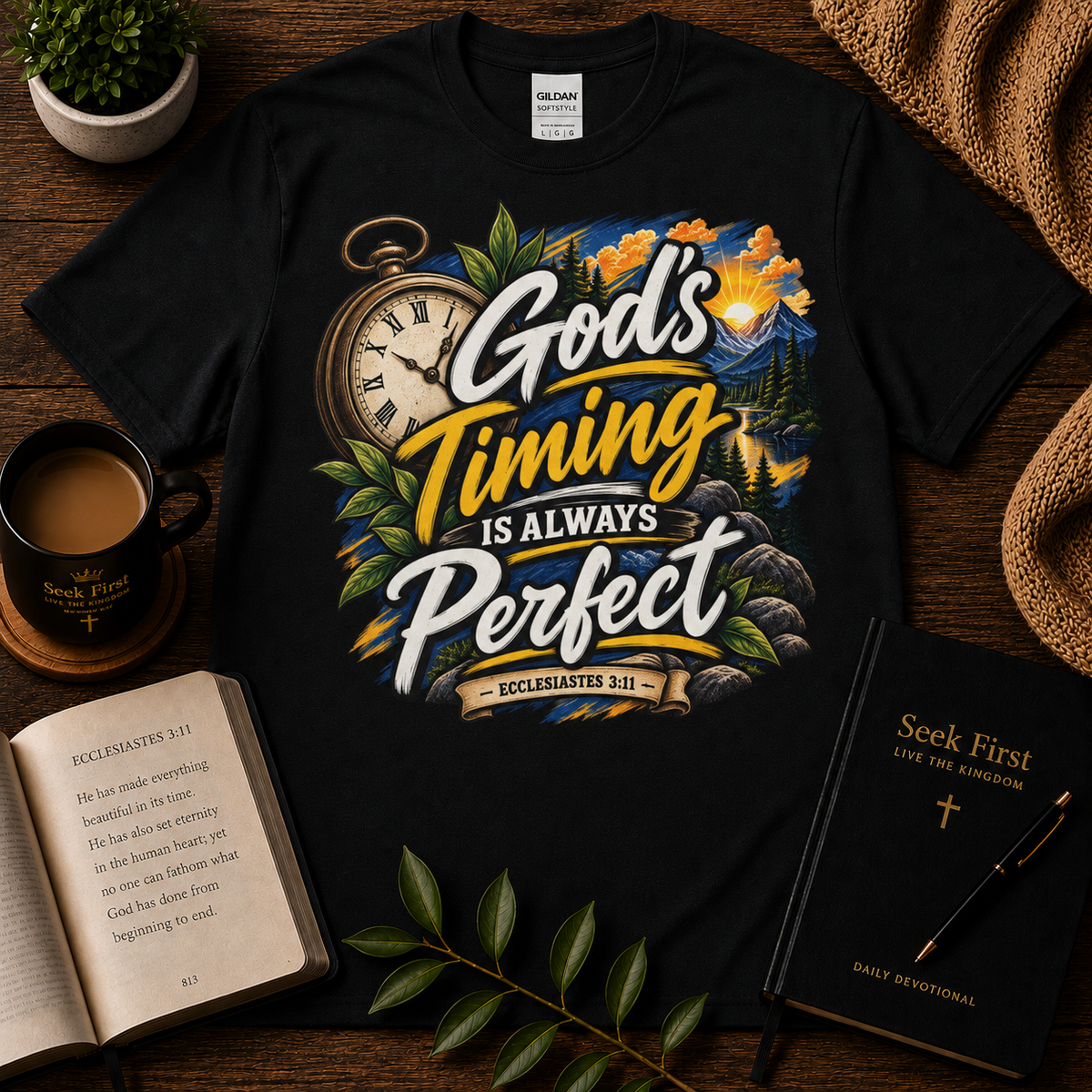 God's Timing Is Always Perfect Ecclesiastes 3:11 Christian T-shirt in Black