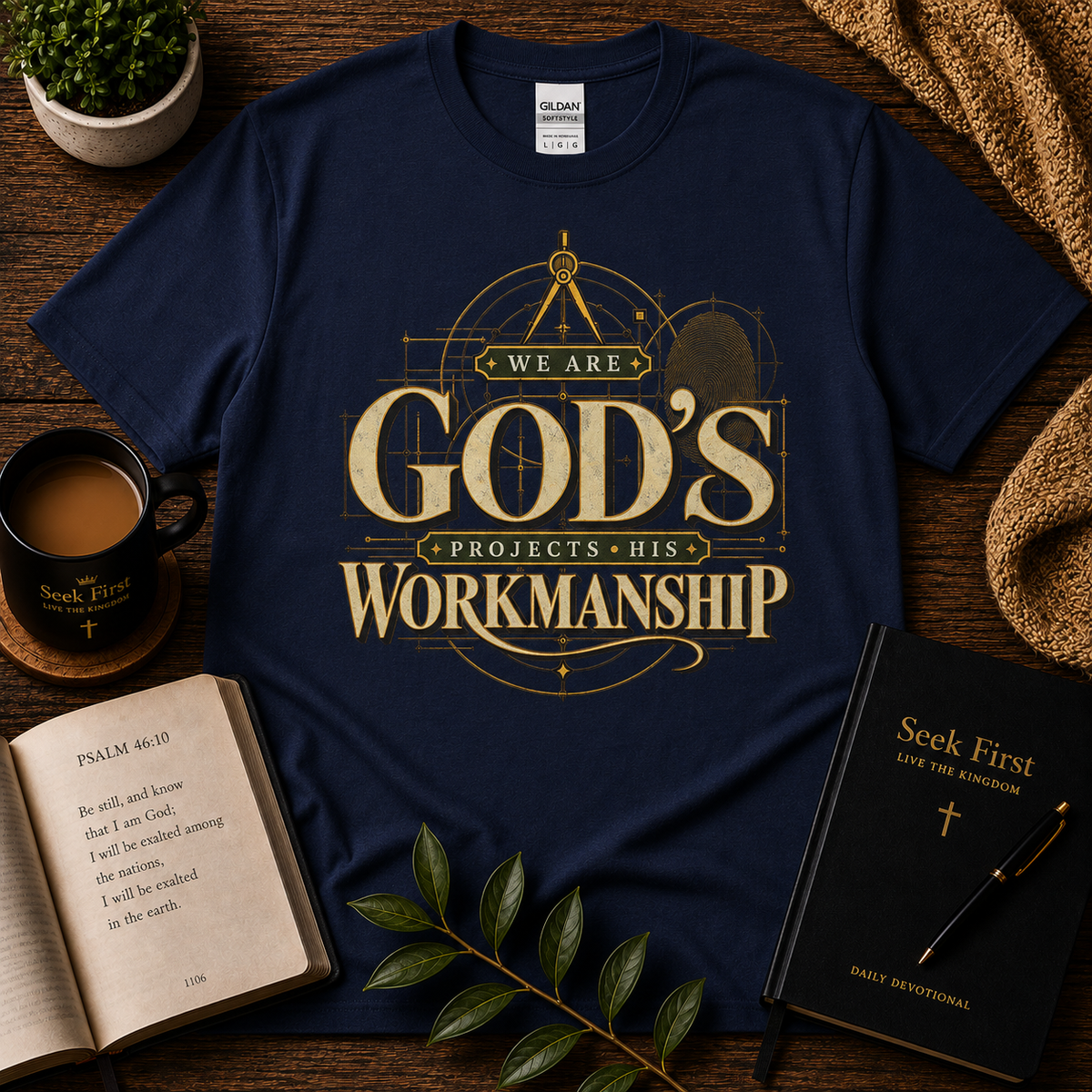 We Are God's Workmanship Christian T-Shirt in Navy — Seek First