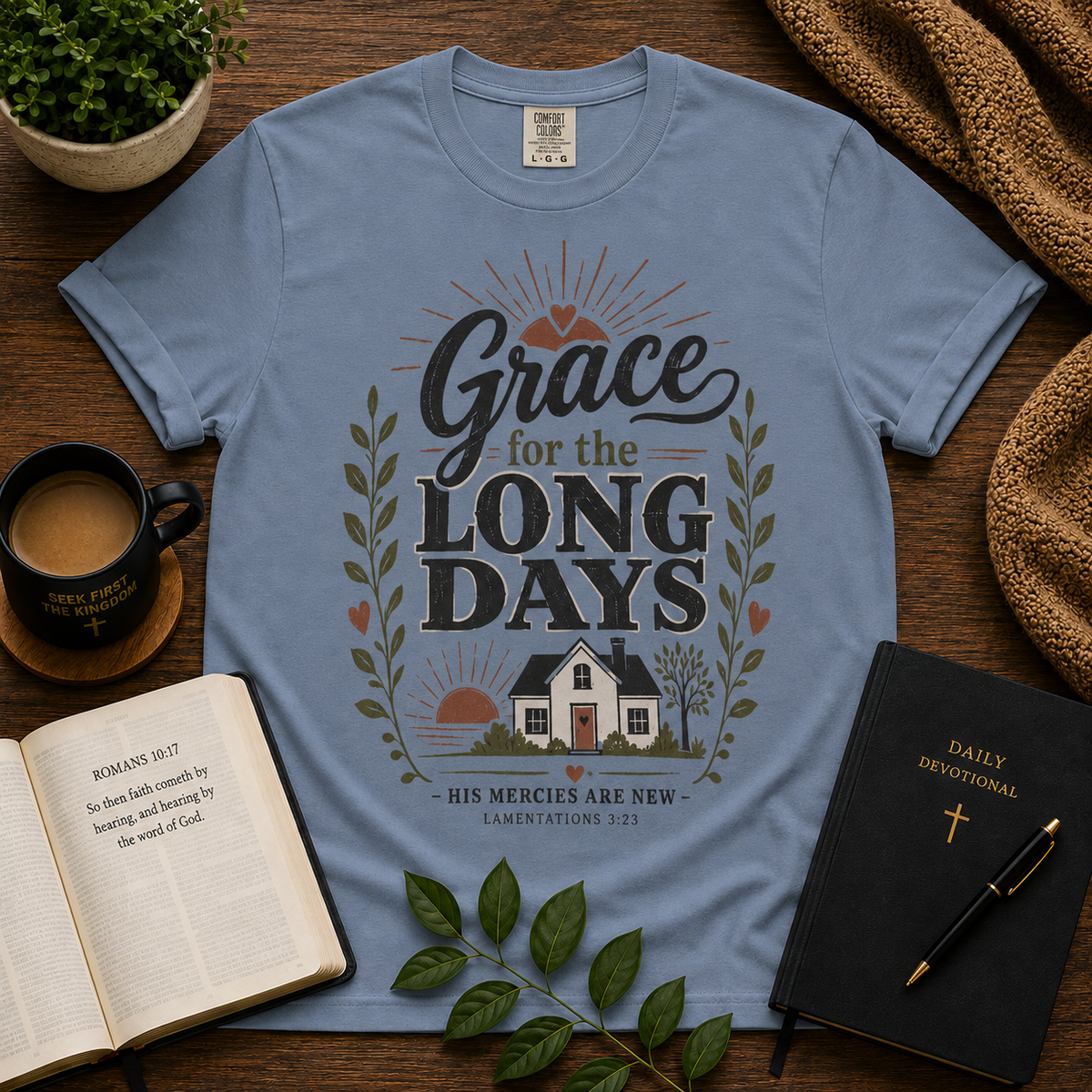Grace for the Long Days Christian T-shirt lifestyle hero image