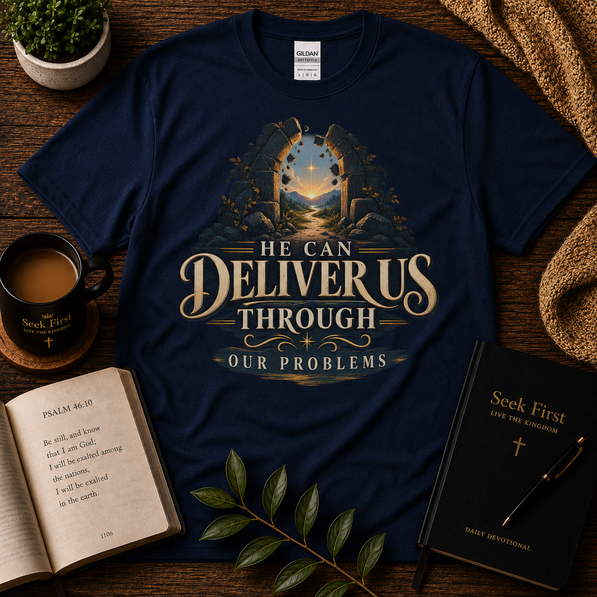 He Can Deliver Us Through Our Problems Christian T-Shirt in navy — Seek First