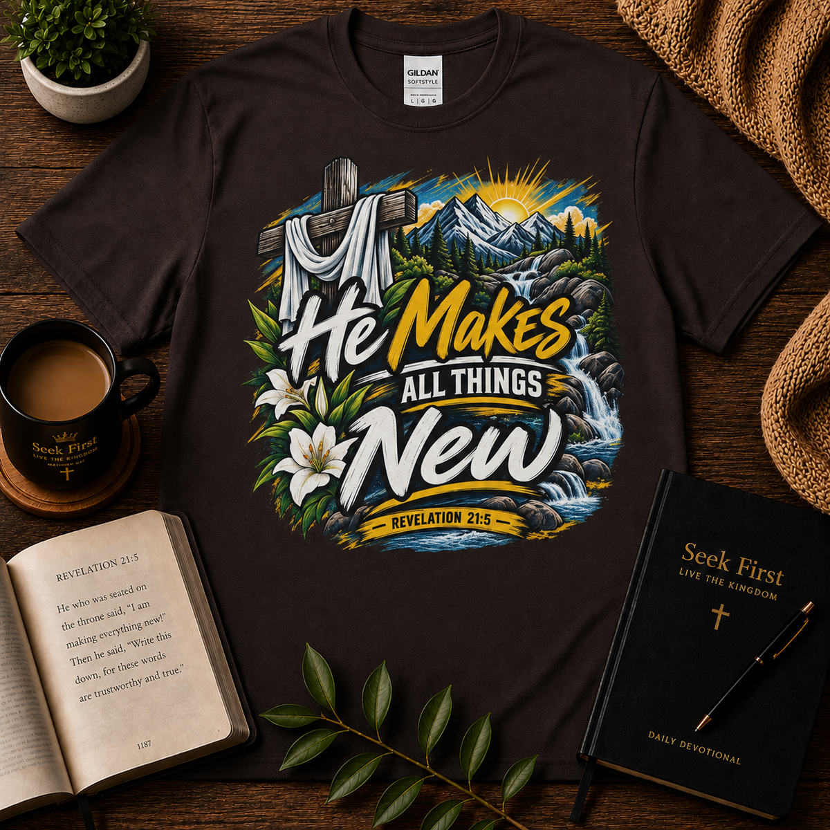 He Makes All Things New Revelation 21:5 Christian T-shirt in Dark Chocolate