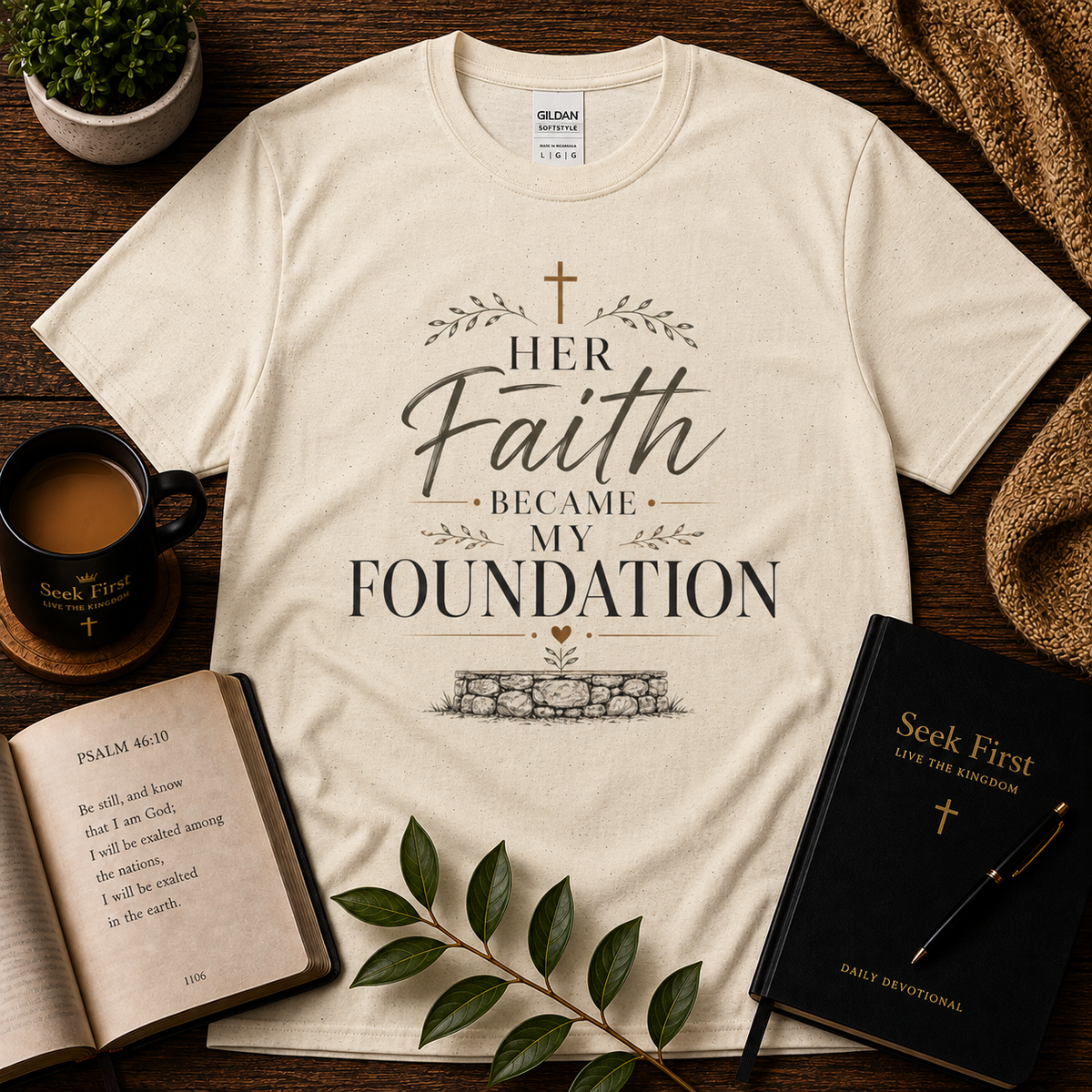 Her Faith Was My Foundation Christian T-Shirt in Natural — Seek First