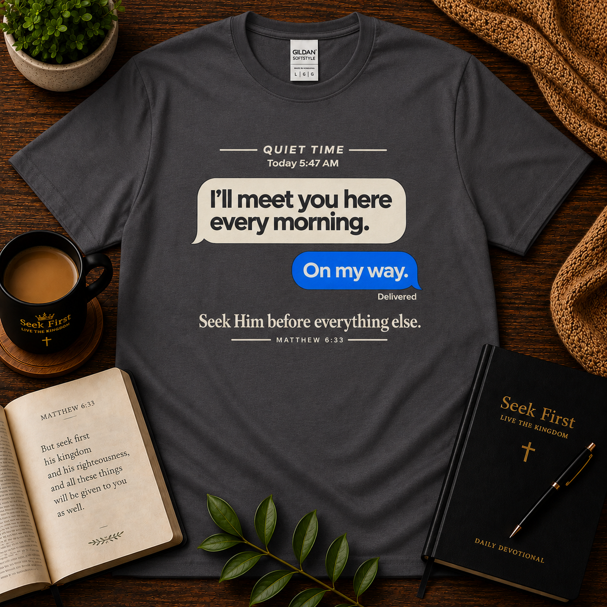 Charcoal I'll Meet You Here Christian T-shirt on a dark devotional flat lay